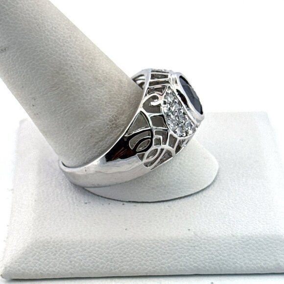 Estate Sterling Silver 925 Ring Black Oval Stone & Clear Accents Size 12, 7g - Picture 2 of 8